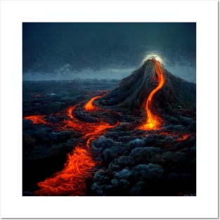 Volcano after eruption with lava flowing down across the landscape. Posters and Art